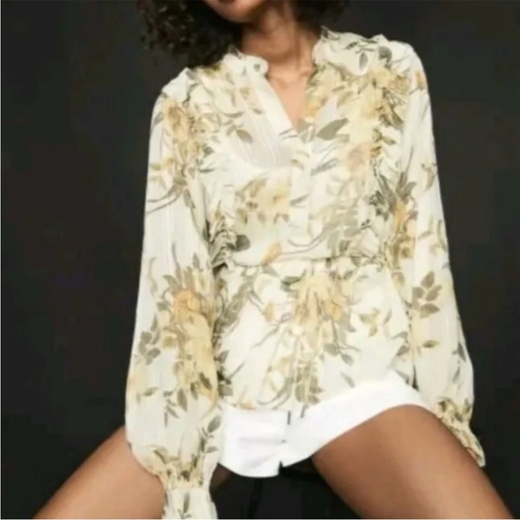 Reiss Alandra Floral Print Blouse Lightweight Top Semi Sheer Crinkle Finish Sz 4 - Picture 4 of 14